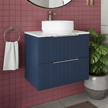 Hudson Reed Fluted Wall Hung 2-Drawer Vanity Unit with Carrera Marble Worktop 600mm Wide - Satin Blue | Product Image