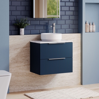 Hudson Reed Fluted Wall Hung 2-Drawer Vanity Unit with Carrara Marble Worktop 600mm Wide - Satin Blue | Product Image