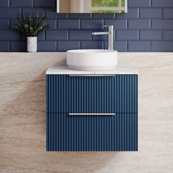 Hudson Reed Fluted Wall Hung 2-Drawer Vanity Unit with Carrara Marble Worktop 600mm Wide - Satin Blue | Product Image