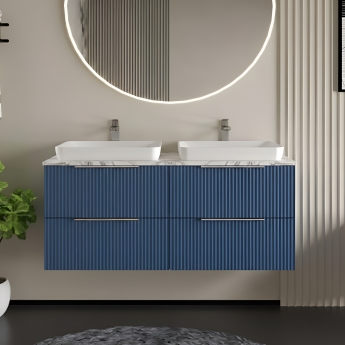 Hudson Reed Fluted Wall Hung 4-Drawer Vanity Unit with Carrera Marble Worktop 1200mm Wide - Satin Blue | Product Image