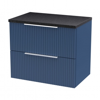 Hudson Reed Fluted Wall Hung 2-Drawer Vanity Unit with Sparkling Black Worktop 600mm Wide - Satin Blue