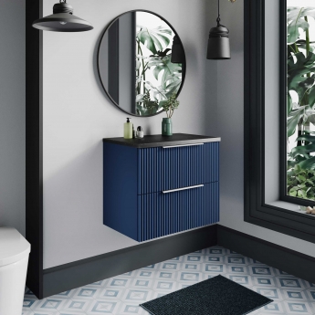 Hudson Reed Fluted Wall Hung 2-Drawer Vanity Unit with Sparkling Black Worktop 600mm Wide - Satin Blue