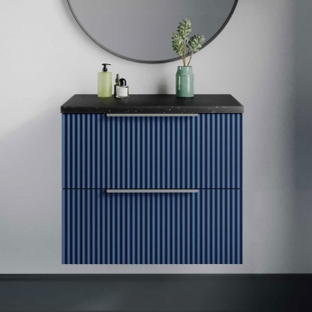 Hudson Reed Fluted Wall Hung 2-Drawer Vanity Unit with Sparkling Black Worktop 600mm Wide - Satin Blue