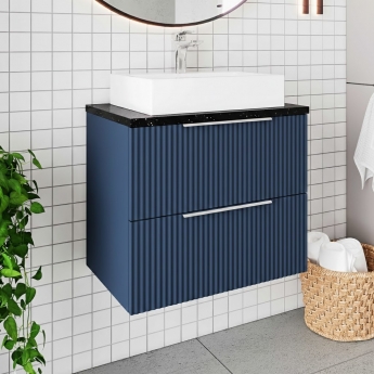 Hudson Reed Fluted Wall Hung 2-Drawer Vanity Unit with Sparkling Black Worktop 600mm Wide - Satin Blue