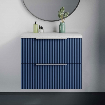 Hudson Reed Fluted Wall Hung 2-Drawer Vanity Unit with Sparkling White Worktop 600mm Wide - Satin Blue
