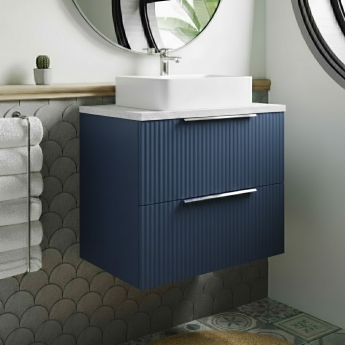 Hudson Reed Fluted Wall Hung 2-Drawer Vanity Unit with Sparkling White Worktop 600mm Wide - Satin Blue