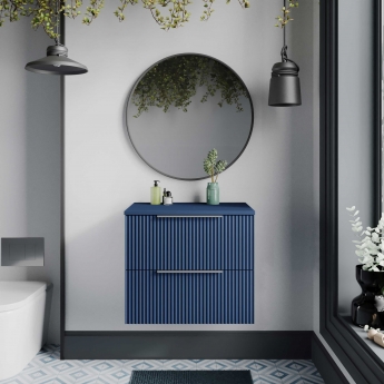 Hudson Reed Fluted Wall Hung 2-Drawer Vanity Unit with Worktop 600mm Wide - Satin Blue