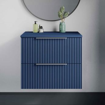 Hudson Reed Fluted Wall Hung 2-Drawer Vanity Unit with Worktop 600mm Wide - Satin Blue