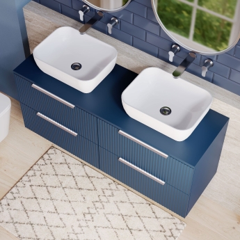 Hudson Reed Fluted Wall Hung 4-Drawer Vanity Unit with Worktop 1200mm Wide - Satin Blue | Product Image
