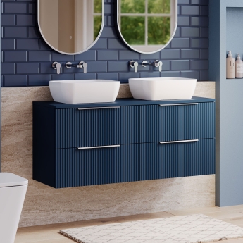 Hudson Reed Fluted Wall Hung 4-Drawer Vanity Unit with Worktop 1200mm Wide - Satin Blue | Product Image