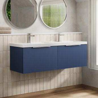 Hudson Reed Fluted Wall Hung 2-Drawer Vanity Unit with Double Polymarble Basin 1200mm Wide - Satin Blue | Product Image
