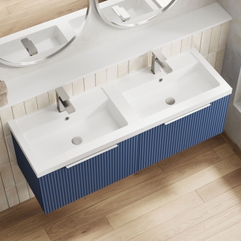 Hudson Reed Fluted Wall Hung 2-Drawer Vanity Unit with Double Polymarble Basin 1200mm Wide - Satin Blue | Product Image