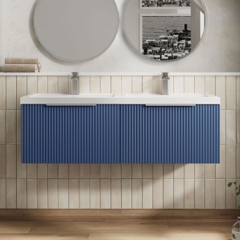 Hudson Reed Fluted Wall Hung 2-Drawer Vanity Unit with Double Polymarble Basin 1200mm Wide - Satin Blue | Product Image