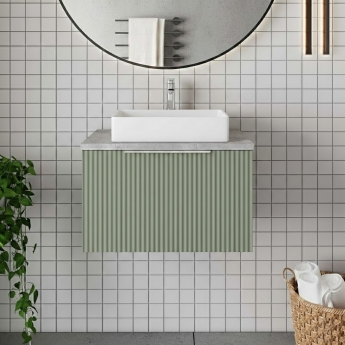 Hudson Reed Fluted Wall Hung 1-Drawer Vanity Unit with Bellato Grey Worktop 600mm Wide - Satin Green