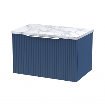 Hudson Reed Fluted Wall Hung 1-Drawer Vanity Unit with Carrera Marble Worktop 600mm Wide - Satin Blue | Product Image