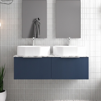 Hudson Reed Fluted Wall Hung 2-Drawer Vanity Unit with Carrera Marble Worktop 1200mm Wide - Satin Blue | Product Image