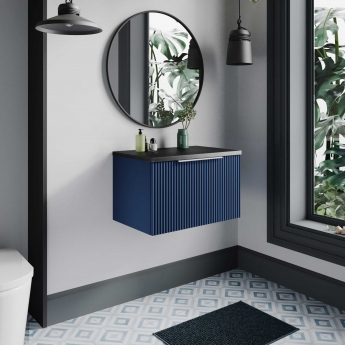 Hudson Reed Fluted Wall Hung 1-Drawer Vanity Unit with Sparkling Black Worktop 600mm Wide - Satin Blue