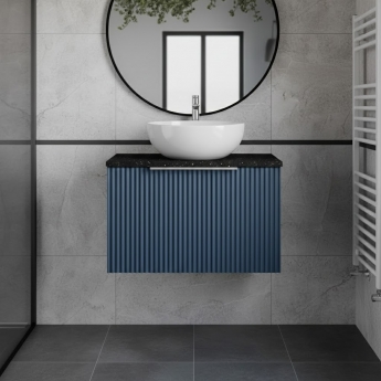 Hudson Reed Fluted Wall Hung 1-Drawer Vanity Unit with Sparkling Black Worktop 600mm Wide - Satin Blue