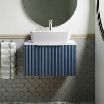 Hudson Reed Fluted Wall Hung 1-Drawer Vanity Unit with Sparkling White Worktop 600mm Wide - Satin Blue