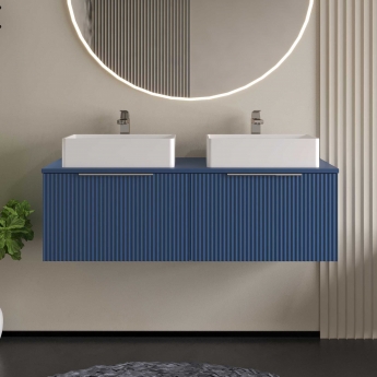 Hudson Reed Fluted Wall Hung 2-Drawer Vanity Unit with Worktop 1200mm Wide - Satin Blue