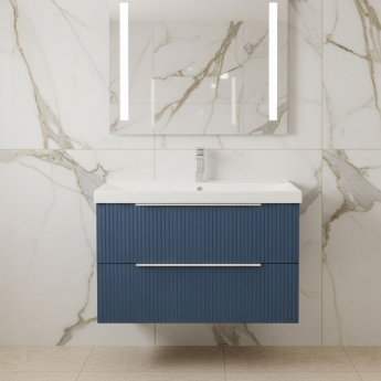 Hudson Reed Fluted Wall Hung 2-Drawer Vanity Unit with Basin 3 800mm Wide - Satin Blue