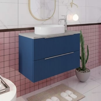 Hudson Reed Fluted Wall Hung 2-Drawer Vanity Unit with Bellato Grey Worktop 800mm Wide - Satin Blue