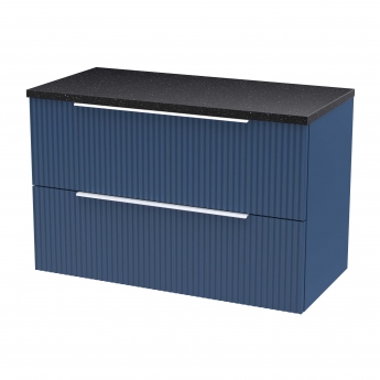 Hudson Reed Fluted Wall Hung 2-Drawer Vanity Unit with Sparkling Black Worktop 800mm Wide - Satin Blue