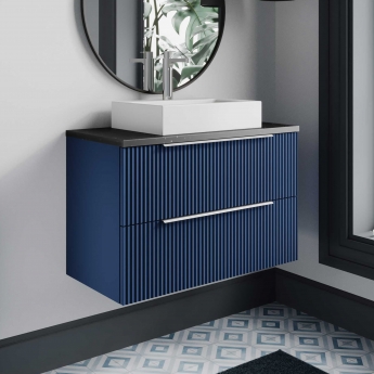 Hudson Reed Fluted Wall Hung 2-Drawer Vanity Unit with Sparkling Black Worktop 800mm Wide - Satin Blue