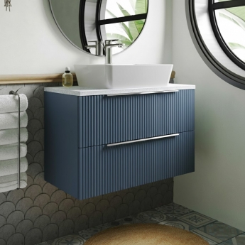 Hudson Reed Fluted Wall Hung 2-Drawer Vanity Unit with Sparkling White Worktop 800mm Wide - Satin Blue
