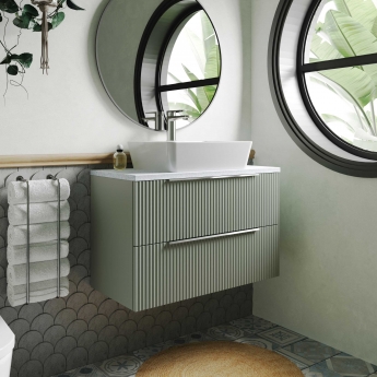 Hudson Reed Fluted Wall Hung 2-Drawer Vanity Unit with Worktop 800mm Wide - Satin Blue