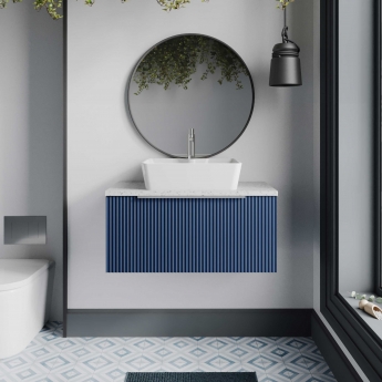 Hudson Reed Fluted Wall Hung 1-Drawer Vanity Unit with Sparkling White Worktop 800mm Wide - Satin Blue