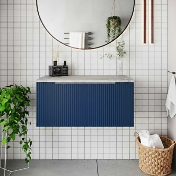 Hudson Reed Fluted Wall Hung 1-Drawer Vanity Unit with Bellato Grey Worktop 800mm Wide - Satin Blue