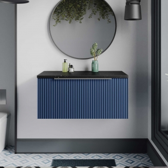 Hudson Reed Fluted Wall Hung 1-Drawer Vanity Unit with Sparkling Black Worktop 800mm Wide - Satin Blue
