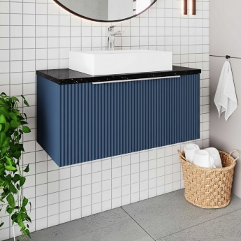 Hudson Reed Fluted Wall Hung 1-Drawer Vanity Unit with Sparkling Black Worktop 800mm Wide - Satin Blue