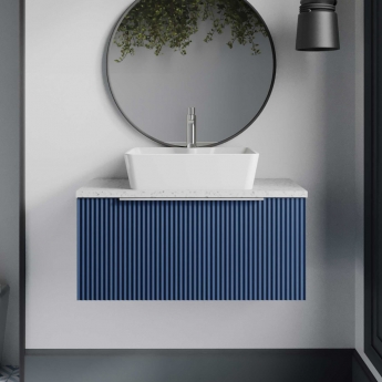 Hudson Reed Fluted Wall Hung 1-Drawer Vanity Unit with Sparkling White Worktop 800mm Wide - Satin Blue