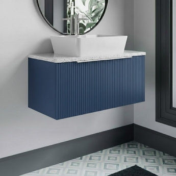 Hudson Reed Fluted Wall Hung 1-Drawer Vanity Unit with Sparkling White Worktop 800mm Wide - Satin Blue