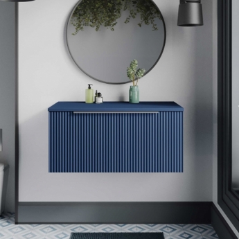 Hudson Reed Fluted Wall Hung 1-Drawer Vanity Unit with Worktop 800mm Wide - Satin Blue