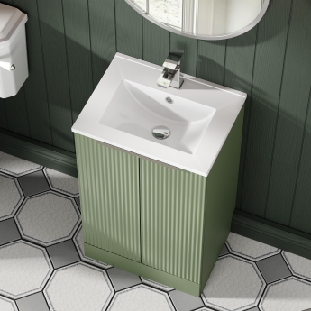 Hudson Reed Fluted Floor Standing 2-Door Vanity Unit with Basin 2 500mm Wide - Satin Green | Product Image