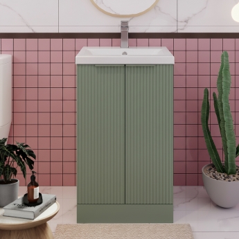 Hudson Reed Fluted Floor Standing 2-Door Vanity Unit with Basin 3 500mm Wide - Satin Green