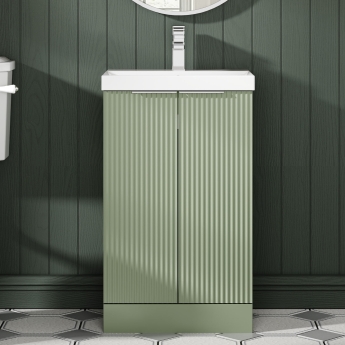 Hudson Reed Fluted Floor Standing 2-Door Vanity Unit with Basin 3 500mm Wide - Satin Green | Product Image