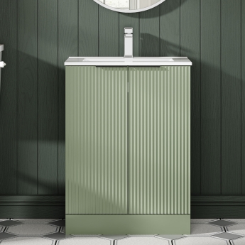 Hudson Reed Fluted Floor Standing 2-Door Vanity Unit with Basin 2 600mm Wide - Satin Green | Product Image