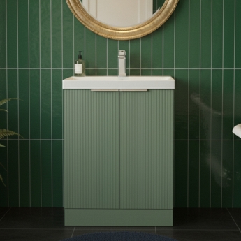 Hudson Reed Fluted Floor Standing 2-Door Vanity Unit with Basin 3 600mm Wide - Satin Green