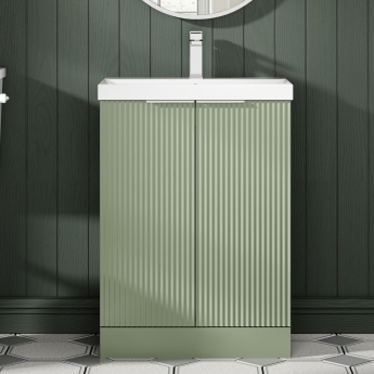 Hudson Reed Fluted Floor Standing 2-Door Vanity Unit with Basin 3 600mm Wide - Satin Green | Product Image