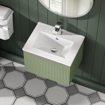 Hudson Reed Fluted Wall Hung 1-Drawer Vanity Unit with Basin 2 500mm Wide - Satin Green | Product Image