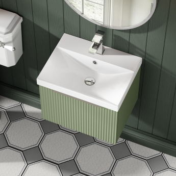 Hudson Reed Fluted Wall Hung 1-Drawer Vanity Unit with Basin 3 500mm Wide - Satin Green | Product Image