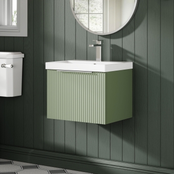 Hudson Reed Fluted Wall Hung 1-Drawer Vanity Unit with Basin 3 500mm Wide - Satin Green | Product Image