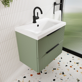 Hudson Reed Fluted Wall Hung 2-Drawer Vanity Unit with Basin 1 500mm Wide - Satin Green