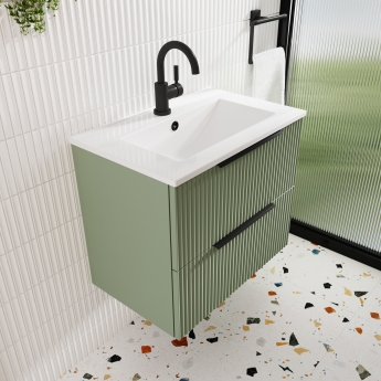Hudson Reed Fluted Wall Hung 2-Drawer Vanity Unit with Basin 2 600mm Wide - Satin Green