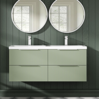 Hudson Reed Fluted Wall Hung 4-Drawer Vanity Unit with Double Polymarble Basin 1200mm Wide - Satin Green | Product Image