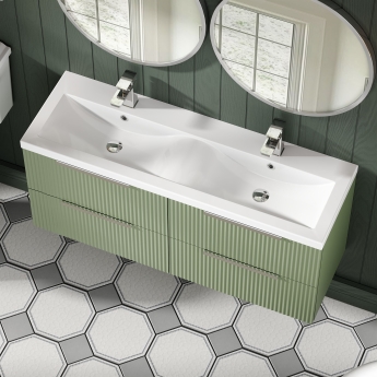 Hudson Reed Fluted Wall Hung 4-Drawer Vanity Unit with Double Ceramic Basin 1200mm Wide - Satin Green | Product Image